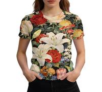 Camiseta de Mujer con gráfico de Flores Manga Corta Camisetas con Flores Vintage Impresas Tops de Verano Camiseta para el Día de San Valentín