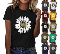 Camiseta de mujer de algodón con cuello redondo, elegante, deportiva, holgada, de gran tamaño, blusa de girasol, camisa de manga corta, camiseta de algodón con estampado de girasol, top de gran tamaño