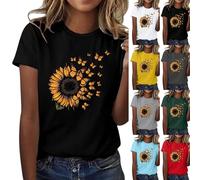 Camiseta de mujer de algodón cuello redondo Top elegante deportivo holgado, camiseta de girasol, talla grande, túnica manga corta, algodón, camiseta estampada de girasol, Tops de gran tamaño, Z4
