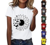 Camiseta de mujer de algodón cuello redondo Top elegante deportivo holgado, camiseta de girasol, talla grande, túnica manga corta, algodón, camiseta estampada de girasol, Tops de gran tamaño, Z3-azul