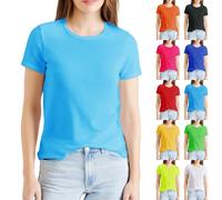 Camiseta de mujer de algodón, parte superior de verano elegante básica de manga corta, camiseta de cuello redondo, cómoda, blusa casual, camiseta deportiva, camisa básica, transpirable, blusa de