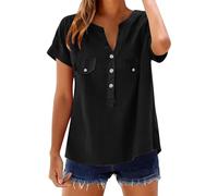 Camiseta de mujer de cuello redondo - Top para mujer, algodón y lino, talla grande, camiseta con dos bolsillos, blusa, color puro, camiseta ligera con escote en V, camiseta de manga corta, Negro