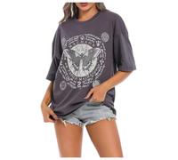 Camiseta de mujer de gran tamaño para mujer con estampado de sol y luna, camiseta casual con cuello redondo, manga corta, tops grises, gris oscuro, 3XL