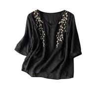 Camiseta de mujer de lino de algodón liso, bordado, suelto, fino, de calidad nacional para niños de 12 años, marine, XL