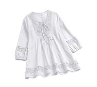 Camiseta de mujer de manga 3/4 - Camisa de mujer de algodón de lino camisetas cuello redondo mangas tres cuartos blusa con encaje con cordones Blouse en bloques de color estilo elegante Tops liso