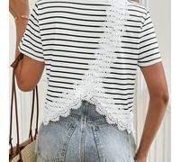Camiseta de Mujer de Manga Corta a Rayas con Panel de Encaje en la Espalda - Rayas Verticales y Largo Corto para Outfits Casuales o Elegantes - Blusa Lavable a Máquina