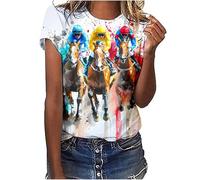 Camiseta de mujer de moda casual con estampado de caballos de carreras, Blanco, 3XL