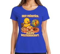 Camiseta de mujer de polluelos de primer desayuno y dominación mundial, azul, XL