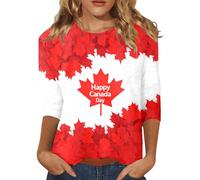 Camiseta de mujer de talla grande con manga tres cuartos casual y de moda para mujer para fiesta de Canadá, rojo sandía, S