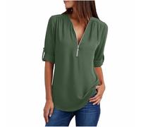 Camiseta de mujer de tallas grandes - Top de mujer con cremallera de manga larga sexy cuello en V Top suelto colores sólidos Blusas Casual Transpirable Cómodo Verano Elegante Camisas Largas