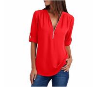 Camiseta de mujer de tallas grandes - Top de mujer con cremallera de manga larga sexy cuello en V Top suelto colores sólidos Blusas Casual Transpirable Cómodo Verano Elegante Camisas Largas