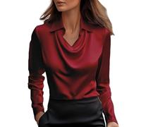 Camiseta de mujer elegante ceremonia camiseta de satén Blusa de seda elegantes camisetas cuello en V manga larga Top Curvy Color sólido Camisa clásica Casual Business Camisetas básicas Fiesta Club