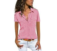 Camiseta de mujer elegante elegante blusa top mujeres casual sólido manga corta cuello solapa bolsillos botones camisa tops regalos joven pareja, rosa fuerte, 5X-Large