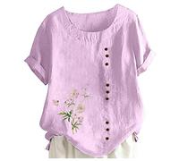 Camiseta de mujer elegante y elegante Y2K 2026 nueva camiseta estampada floral con patrón camiseta personalizada de fantasía top redondo manga corta camiseta de algodón y lino, rosa brillante, XXL