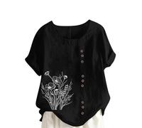 Camiseta de mujer estampada camiseta ligera de cuello redondo de moda alto corte suelto casual manga corta con diseño de camiseta de algodón y lino confort camiseta básica flexible, Negro , 5X-Large