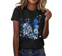 Camiseta de mujer estampada de moda con cuello redondo manga corta blusa de playa para mujer, Negro , XL