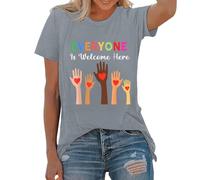 Camiseta de mujer Everyone is Welcome Here Estampado Colorido Manos Manga Corta Cuello Redondo Top Algodón Variedad Inclusión Camiseta de Tiempo Libre Verano Tops Igualdad Mensaje, Style-K04 Gris, L