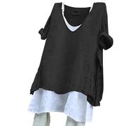 Camiseta de mujer grande, manga corta para mujer, cuello en V, transpirable, alto, algodón, lino, cómodo, alto, ligero, informal, talla grande, básica, camiseta de gran tamaño, Negro , M