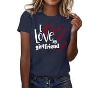 Camiseta de mujer impresa día de San Valentín manga corta cuello redondo suelto para un estilo casual y romántico, azul marino, S