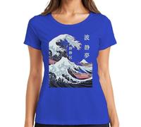 Camiseta de mujer japonesa ola montaña Fuji Kanagawa Ukiyoe, azul, L