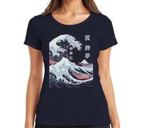 Camiseta de mujer japonesa ola montaña Fuji Kanagawa Ukiyoe, azul marino, L