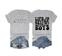 Camiseta de Mujer Life Is Better with My Boys con para niño y mamá, Camisetas gráficas, Camisetas Informales de Manga Corta (Grey, S)