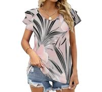 Camiseta de Mujer Manga Corta con Volantes, Camiseta Oversized Verano Cuello en V Camisetas Casual Rosa T Shirt Loose Extragrande Flores Rosas de Hojas de Palma tee Top Mujer L