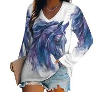 Camiseta De Mujer Manga Larga con Cuello En V, Caballo Acuarela Estampado Animal Sencillo, Talla Grande, Top Casual Transpirable Y Suelto, Blanco