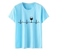 Camiseta de mujer Moda Verano Ocio Arte Corazón Eléctrico Copa de Vino Impreso Cuello Redondo Manga Corta Top Camiseta Mujer Jersey Manga Tres Cuartos, azul claro, XL