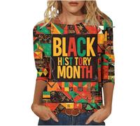 Camiseta de mujer negra para mujer, camisa mensual africana, blusa de fiesta africana, camiseta, manga 3/4, cuello redondo, Negro , L