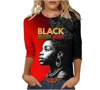 Camiseta de mujer Negro Camisas mensuales para Mujer Celebración africana Blusa Camiseta Manga 3/4 Cuello Redondo, Negro , L