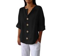 Camiseta de mujer Oversize - Top para mujer, algodón, lino, camisa de color puro, con botón, blusa cómoda, blusa, manga larga, blusa, mangas enrollables Tops relajados, Negro , S
