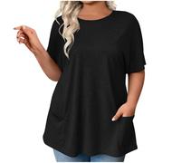 Camiseta de mujer Oversize - Tops para mujer, cuello redondo, top liso, talla grande, con dos bolsillos, camiseta suave de manga corta, camisa diaria camiseta casual camiseta, Negro , XXX-Large