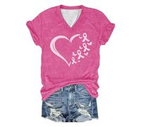 Camiseta de mujer para educación sobre el cáncer de mama - Camiseta de cuello en V con corazón y lazos | Parte superior esperanzadora para apoyo y solidaridad, Estilo_e01 rosa brillante, XXL
