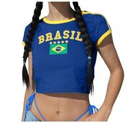 Camiseta de mujer vintage de cuello redondo de manga corta Slim Baby Camisetas para mujeres Brasil camiseta Crop Top Verano Adolescentes Niñas Deportes Top 90s 2000 Streetwear, azul, S