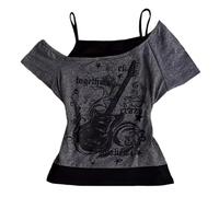 Camiseta de mujer Y2K Emo Grunge gráfica, camiseta falsa de dos piezas, manga corta vintage, estilo Crop Top de los 2000s, ropa gótica alternativa de calle, S