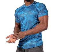 Camiseta de natación Rashguard para hombre, de secado rápido, UPF 50+, manga corta, camuflaje, para hacer surf, natación, transpirable, compresión, azul, M