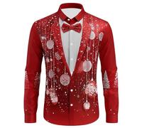 Camiseta de Navidad Hombre de Manga Larga Camisas Navideñas para Hombre con Botones de Manga Larga con Estampado de Ciervos para Fiesta Navideña Papá Noel Camisas Navideñas Camiseta de Navidad