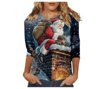 Camiseta de Navidad para mujer con diseño nostálgico de Santa Claus, camiseta de manga 3/4 con estampado vintage detallado, camiseta festiva para Nochebuena, Style_x03 Blue, S