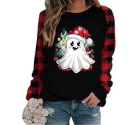 Camiseta de Navidad para mujer, cuello redondo, manga larga, diseño de letras a cuadros, camiseta de moda, blusa, top negro, sexy, Negro , L