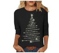 Camiseta de Navidad para mujer de manga 3/4, camiseta de Navidad divertida, elegante jersey de Navidad con árbol de Navidad, blusa fea de Navidad de cuello redondo, prenda superior de Navidad negra