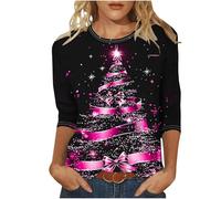 Camiseta de Navidad para mujer, estilo 041, Papá Noel, manga larga, diseño de árbol de Navidad, reno, alce, estampado de letras, suéter gráfico, muñeco de nieve, copos de nieve, ciervo, rosa, XL