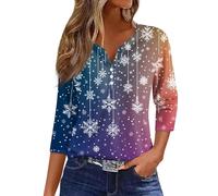 Camiseta de Navidad para mujer Q con manga 3/4 elegante con cuello en V con botones y estampado informal para cualquier persona, azul claro, XXL