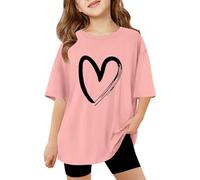 Camiseta de niña 2026 para niños y niñas con estampado de letras, manga corta, de gran tamaño, informal, básica, informal, manga corta, parte superior blanca, Rosa., 11-12 años