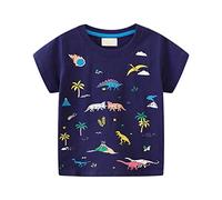 Camiseta de niño 2026 para niños pequeños, dinosaurios luminosos, camisetas de manga corta, camisetas de algodón de dibujos animados, camiseta blanca básica de color sólido, azul oscuro, 5-6 años