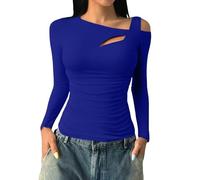 Camiseta de poliéster Eelastano, camisetas de fantasía para mujer, camiseta acanalada, camiseta asimétrica de manga larga y alta talla grande ropa casual Loungewear Cintrée T-Shirt, azul, L