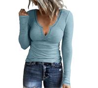 Camiseta de punto acanalado de manga larga con cuello en U para mujer, ajuste delgado, capa base sólida, suave, elástica, ideal para uso diario y trajes de estilo adolescente, azul, S