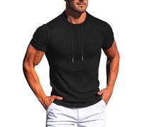 Camiseta de punto acanalado para hombre, casual, de manga corta, cuello redondo, ligera, para entrenamiento, gimnasio, Negro, XXL