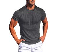 Camiseta de punto acanalado para hombre, casual, de manga corta, cuello redondo, ligera, para entrenamiento, gimnasio, gris oscuro, L