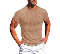 Camiseta de punto acanalado para hombre, casual, de manga corta, cuello redondo, ligera, para entrenamiento, gimnasio, caqui, XXL